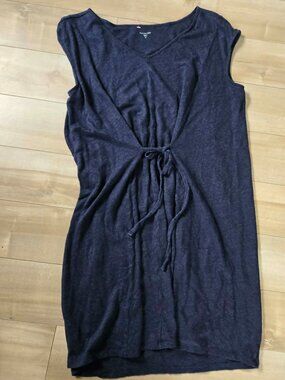 Garnet Hill 100% Organic Linen Tie-Front Dress - Navy Blue - Medium